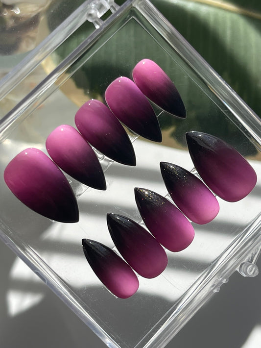 Purple and black nail tips in a clear case