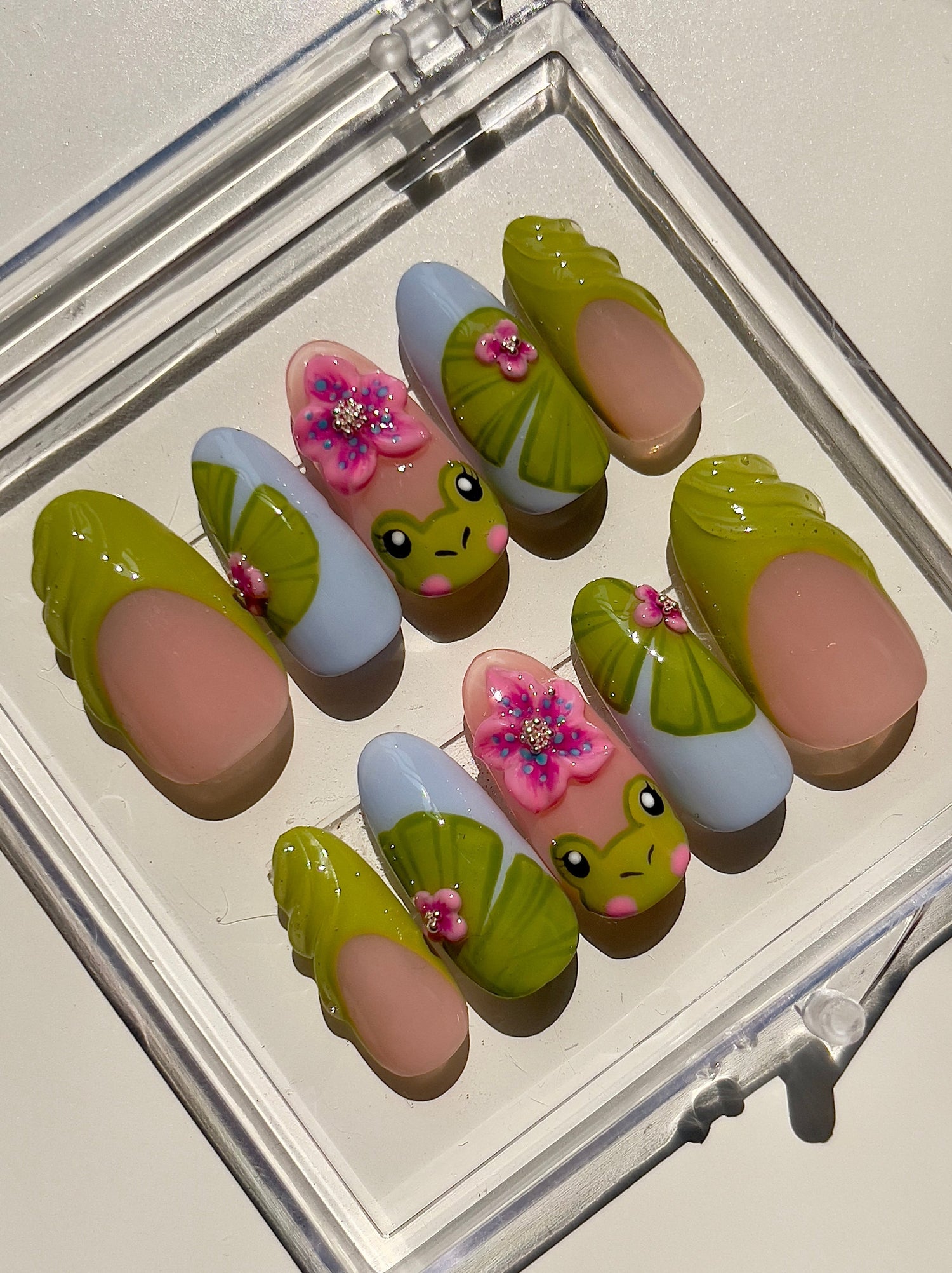 Set of frog floral press on nails in a clear case.
